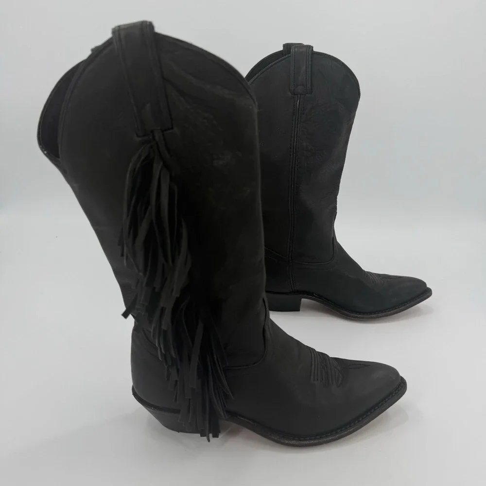 Corral West Black Leather Western Cowboy Boots Fringe Pointed Toe Size 5